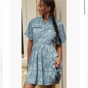 👗 Ro’s Garden Vibeka Ruffle Mini Dress Blue Palm Print Women’s‎ Size L 👗